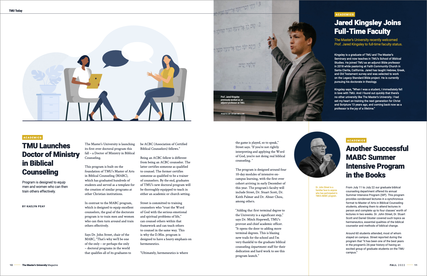 A two-page spread from The Master's University magazine.